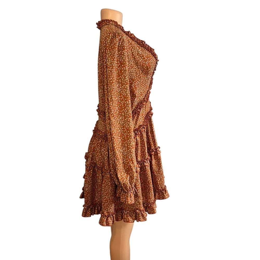 Lulu's Rust Floral Long Sleeve Ruffle Skater Dress - Picture 4 of 9